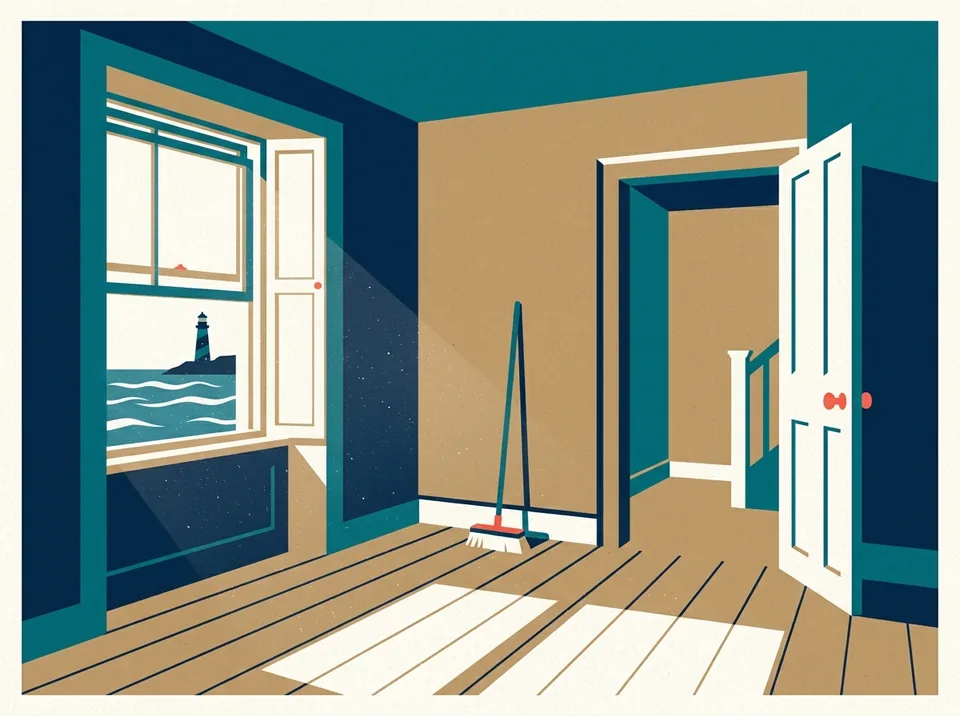 Illustration of a bright, freshly cleared room with bare floorboards and an open sash window