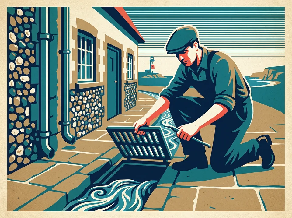 Illustration of a worker lifting a cast-iron gully grate beside a downpipe, water swirling cleanly away