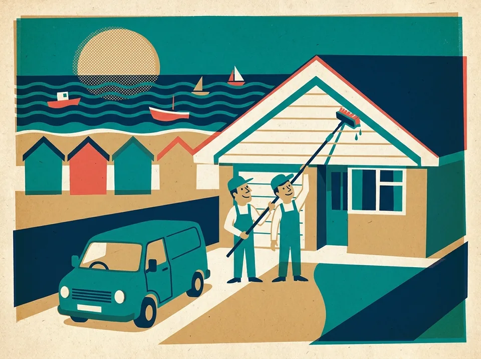 Illustration of two cleaners washing white fascia boards with a long-reach pole brush, van in the drive