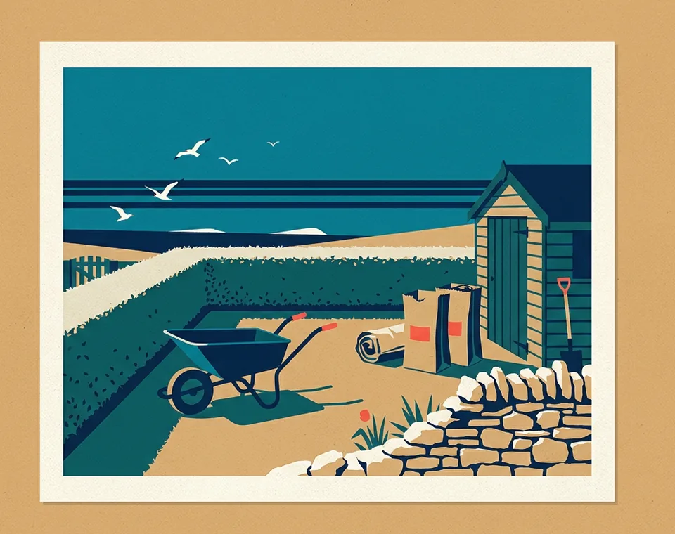 Illustration of a tidy coastal garden with a wheelbarrow, waste bags and a trimmed hedge