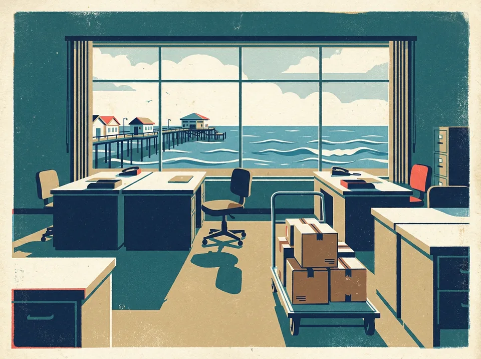 Illustration of an office packed for moving day, desks and boxes by a window overlooking the pier