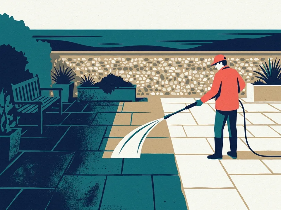 Illustration of a patio half grimy and half freshly pressure washed, a worker holding the wand