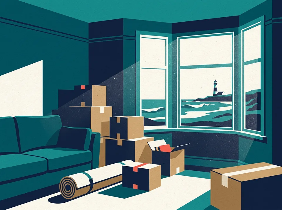 Illustration of a living room packed for moving day, boxes stacked beside a teal sofa