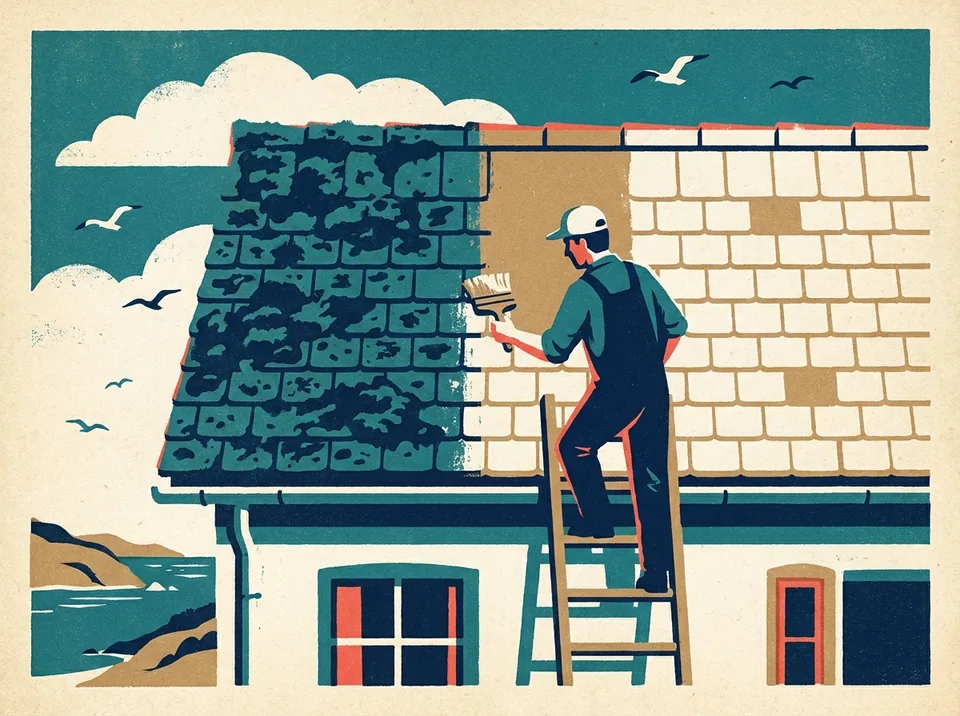 Illustration of a pitched roof half thick with moss and half clean, a worker with a soft brush at the halfway line