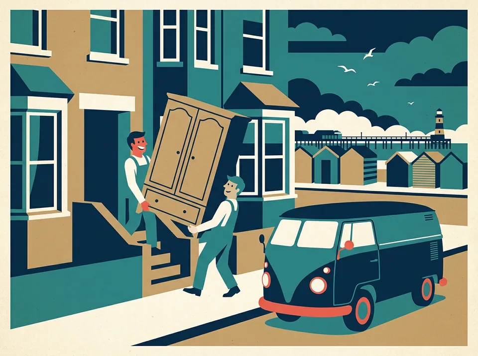 Illustration of two movers in teal overalls carrying a wardrobe to a small vintage van